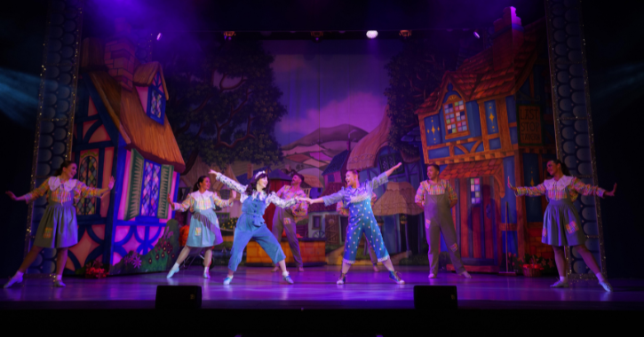 group of people performing on stage in bright costumes during the annual Gala Durham pantomime. 